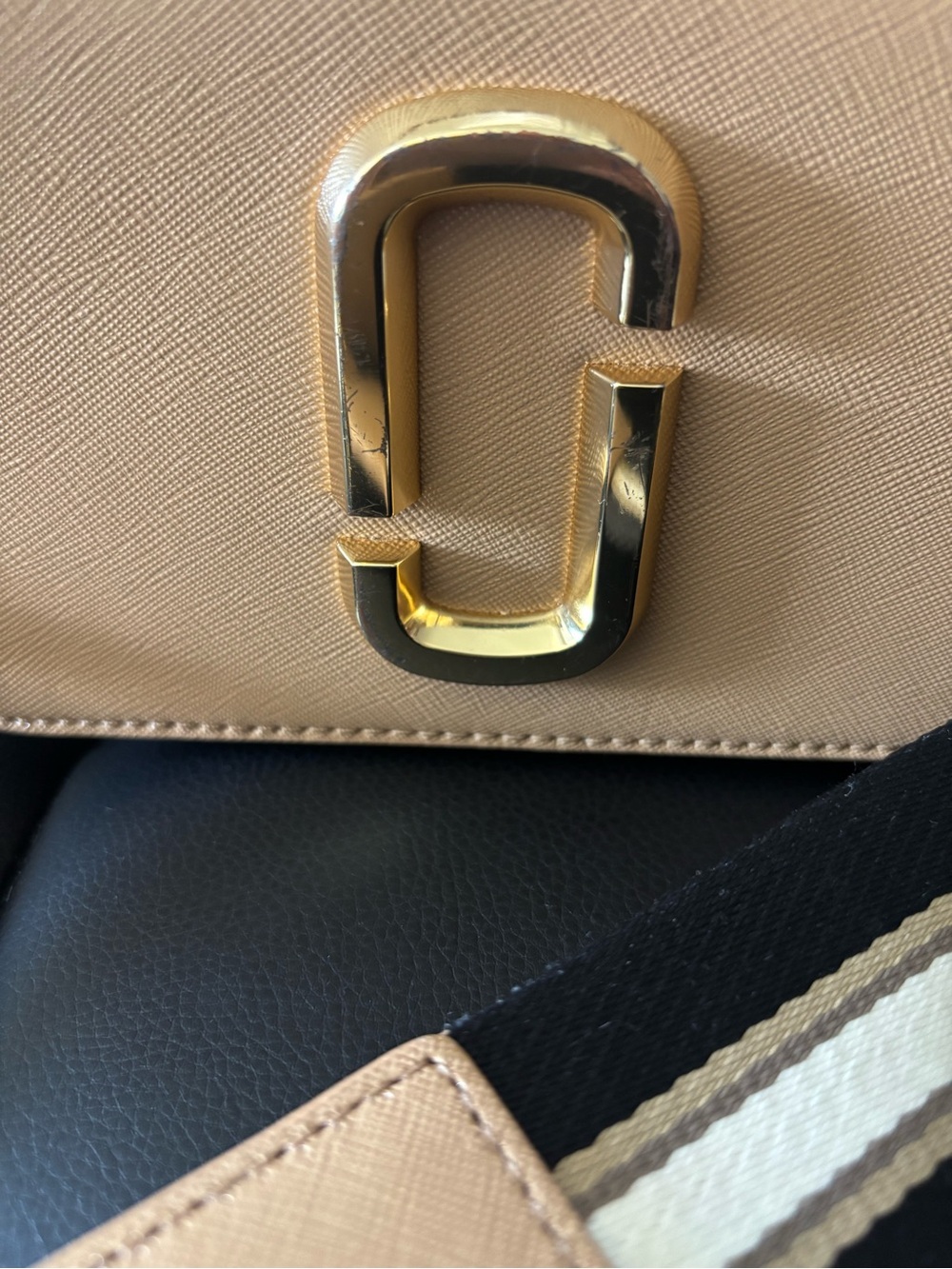 Marc Jacobs Tan & Black Snapshot Crossbody with Striped Strap - Picture 2 of 11